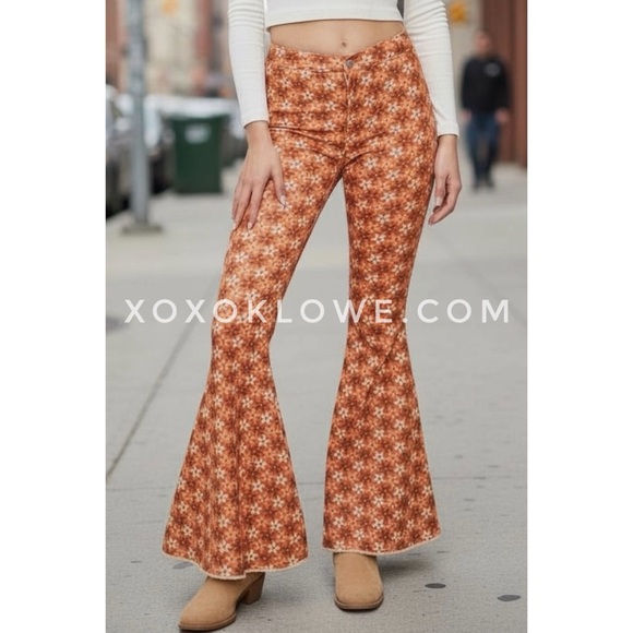 Peach Love Orange Retro Floral Flares | High Waist Denim Pants - Picture 1 of 10